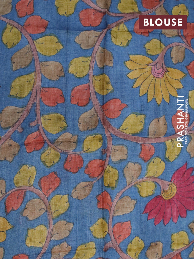 Mangalgiri silk cotton saree dark maroon and bluish grey with allover zari checked pattern and zari woven border & kalamkari hand painted blouse