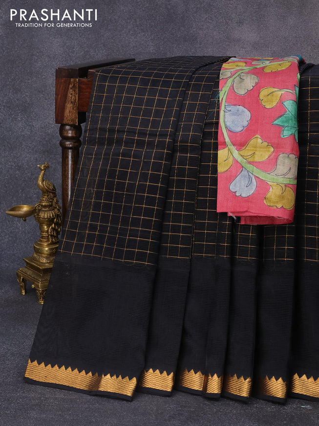 Mangalgiri silk cotton saree black and maroon shade with allover zari checked pattern and zari woven border & kalamkari hand painted blouse