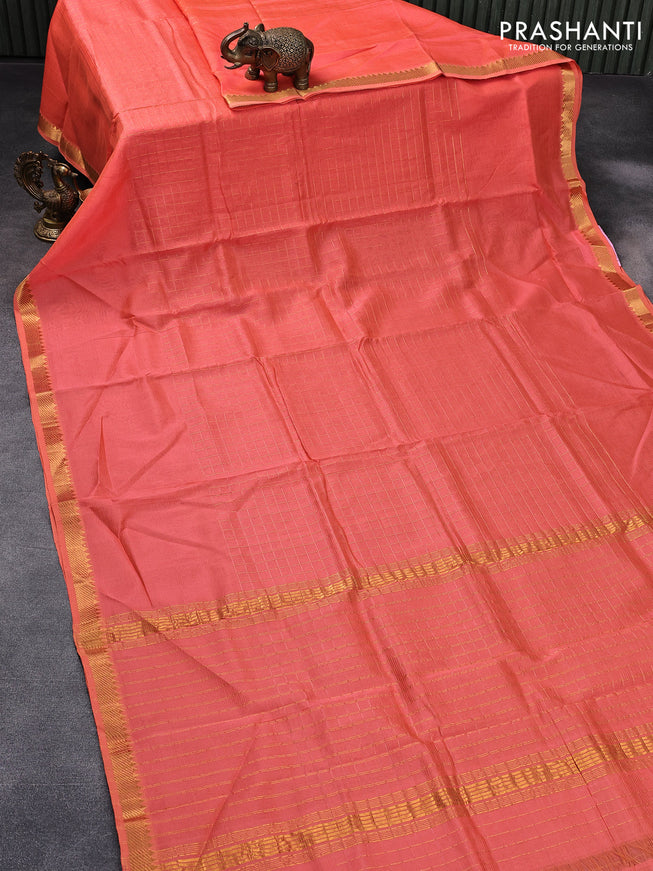 Mangalgiri silk cotton saree dual shade of orange and cs blue with allover zari checked pattern and zari woven border & kalamkari hand painted blouse