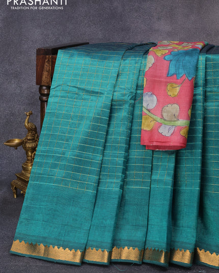 Mangalgiri silk cotton saree teal green and pastel maroon with allover zari checked pattern and zari woven border & kalamkari hand painted blouse