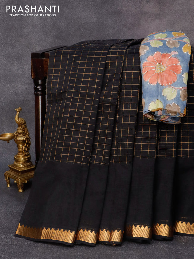 Mangalgiri silk cotton saree black and grey with allover zari checked pattern and zari woven border & kalamkari hand painted blouse