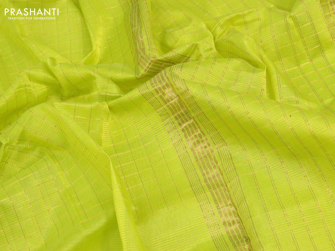 Mangalgiri silk cotton saree lime green and rust shade with allover zari checked pattern and zari woven border & kalamkari hand painted blouse