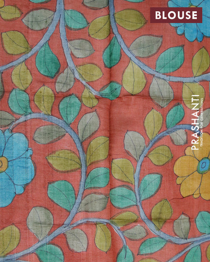 Mangalgiri silk cotton saree lime green and rust shade with allover zari checked pattern and zari woven border & kalamkari hand painted blouse