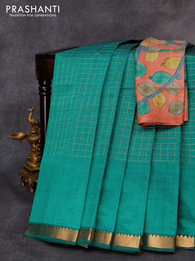 Mangalgiri silk cotton saree teal green and rust shade with allover zari checked pattern and zari woven border & kalamkari hand painted blouse