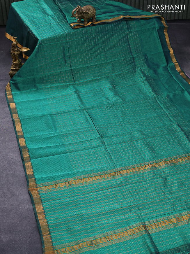 Mangalgiri silk cotton saree teal green and rust shade with allover zari checked pattern and zari woven border & kalamkari hand painted blouse