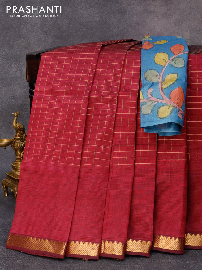 Mangalgiri silk cotton saree magenta pink and bluish greey with allover zari checked pattern and zari woven border & kalamkari hand painted blouse