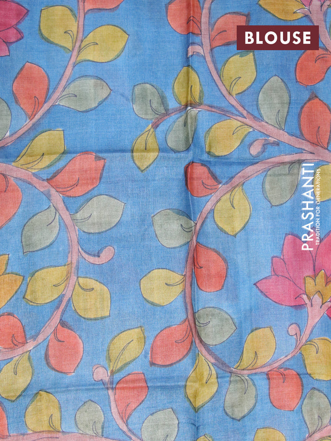 Mangalgiri silk cotton saree magenta pink and bluish greey with allover zari checked pattern and zari woven border & kalamkari hand painted blouse