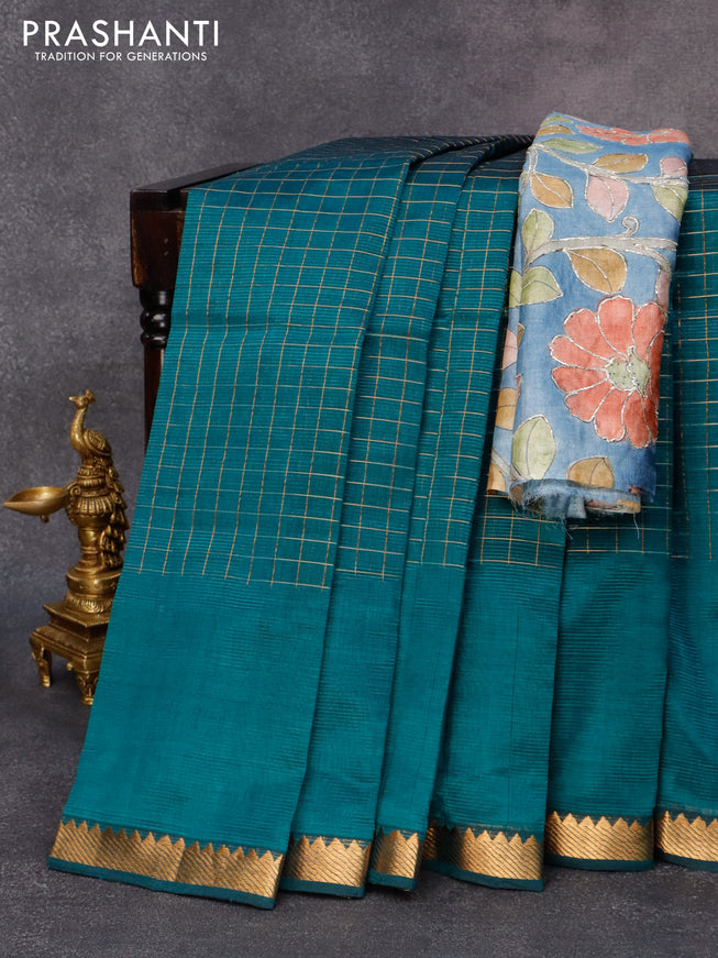 Mangalgiri silk cotton saree peacock green and grey with allover zari checked pattern and zari woven border & kalamkari hand painted blouse