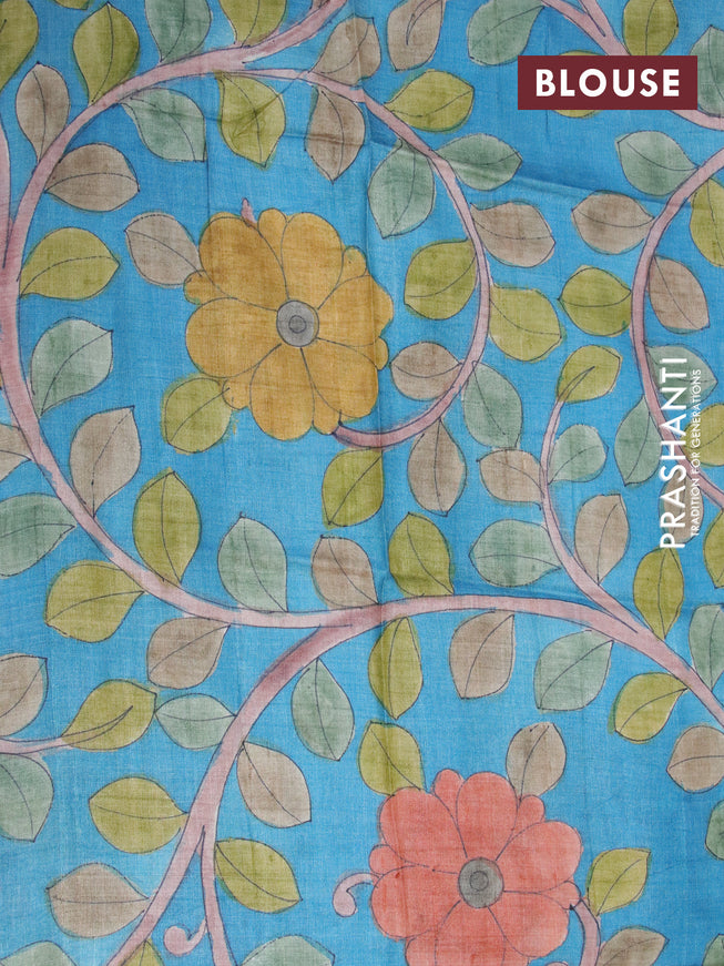 Mangalgiri silk cotton saree green and blue with allover zari checked pattern and zari woven border & kalamkari hand painted blouse