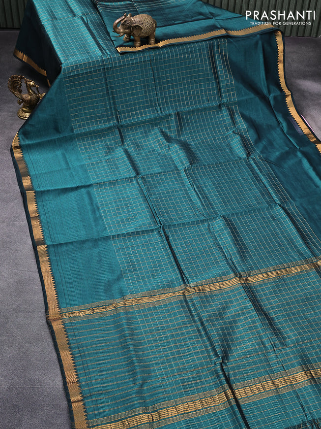 Mangalgiri silk cotton saree peacock green and bluish greey with allover zari checked pattern and zari woven border & kalamkari hand painted blouse