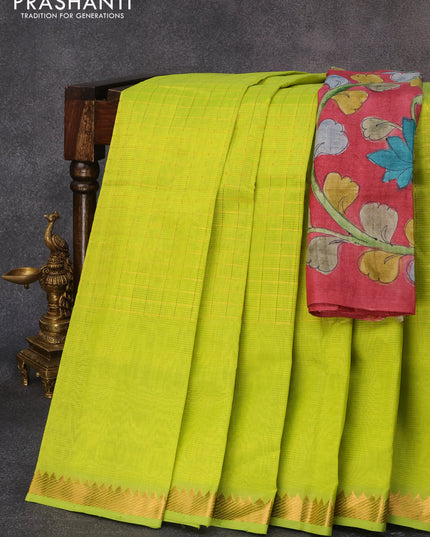 Mangalgiri silk cotton saree lime green and pastel maroon with allover zari checked pattern and zari woven border & kalamkari hand painted blouse