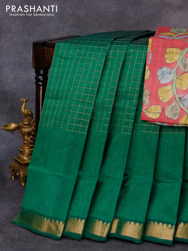 Mangalgiri silk cotton saree green and pastel maroon with allover zari checked pattern and zari woven border & kalamkari hand painted blouse