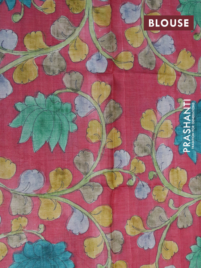 Mangalgiri silk cotton saree green and pastel maroon with allover zari checked pattern and zari woven border & kalamkari hand painted blouse
