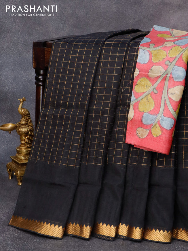 Mangalgiri silk cotton saree black and pink with allover zari checked pattern and zari woven border & kalamkari hand painted blouse