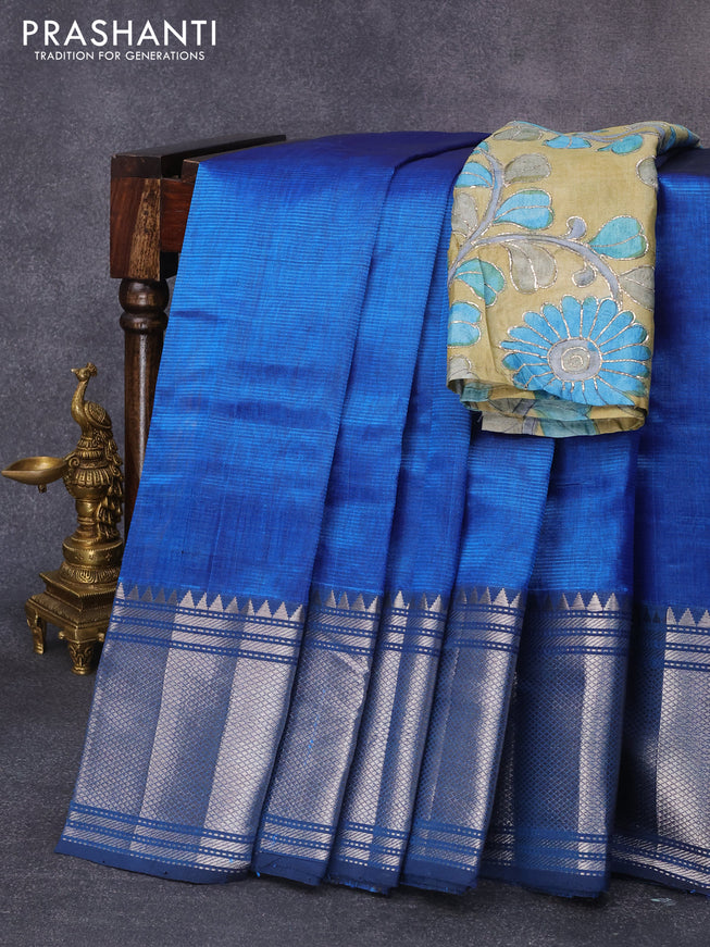Mangalgiri silk cotton saree cs blue and elaichi green with plain body and long silver zari woven border & kalamkari hand painted blouse
