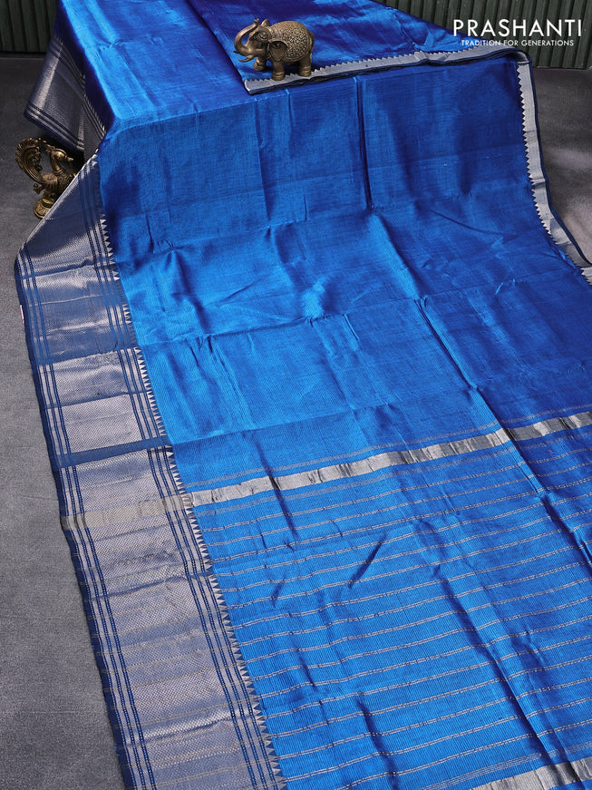 Mangalgiri silk cotton saree cs blue and elaichi green with plain body and long silver zari woven border & kalamkari hand painted blouse