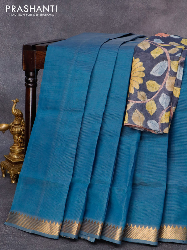 Mangalgiri silk cotton saree dual peacock blue and elephant grey with plain body and zari woven border & kalamkari hand painted blouse