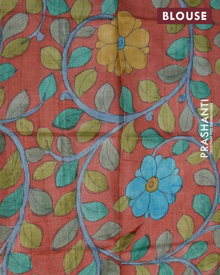 Mangalgiri silk cotton saree teal green and rust shade with plain body and annam zari woven border & kalamkari hand painted blouse