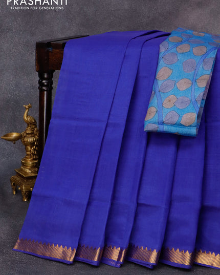 Mangalgiri silk cotton saree royal blue and blue with plain body and zari woven border & kalamkari hand painted blouse