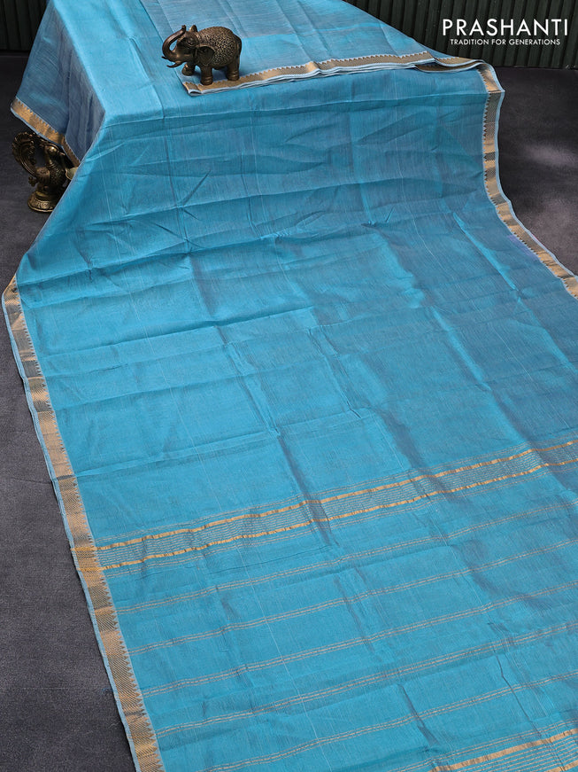 Mangalgiri silk cotton saree light blue and cs blue with plain body and zari woven border & kalamkari hand painted blouse