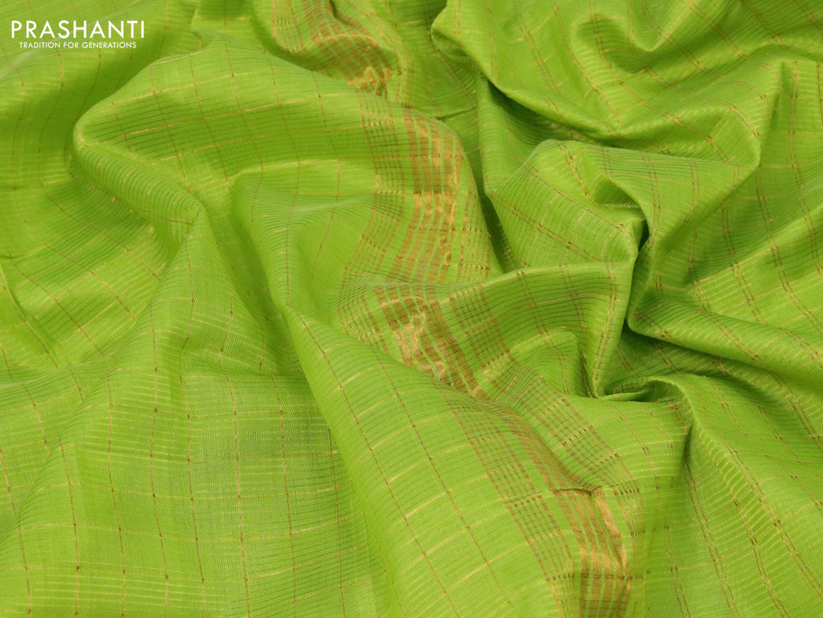 Mangalgiri silk cotton saree light green and blue with allover zari checked pattern and zari woven border & kalamkari hand painted blouse