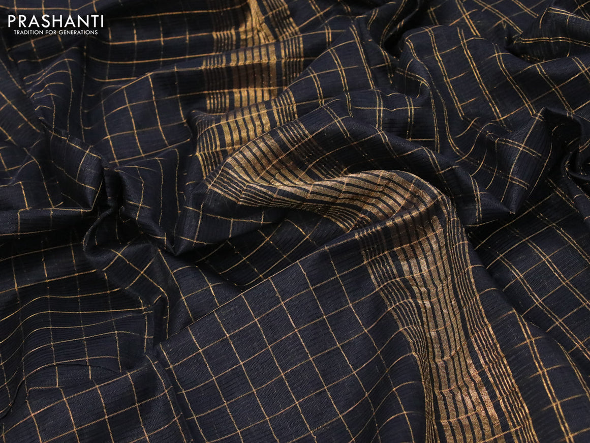 Mangalgiri silk cotton saree black and blue with allover zari checked pattern and zari woven border & kalamkari hand painted blouse