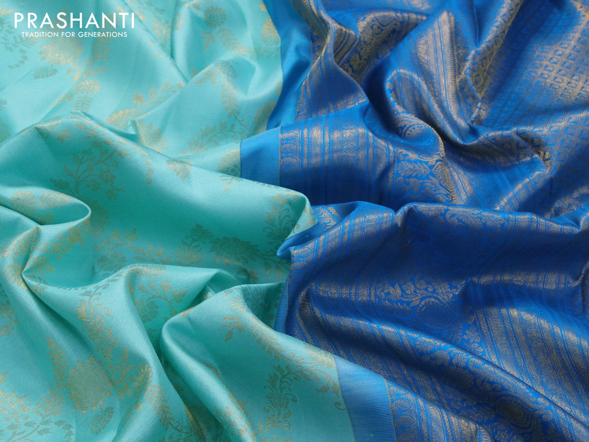 Pure kanjivaram silk saree teal blue and cs blue with allover zari woven floral weaves and long rich zari woven border