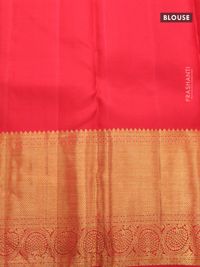 Pure kanjivaram silk saree teal shade and red with allover zari woven floral brocade weaves and long zari woven floral border