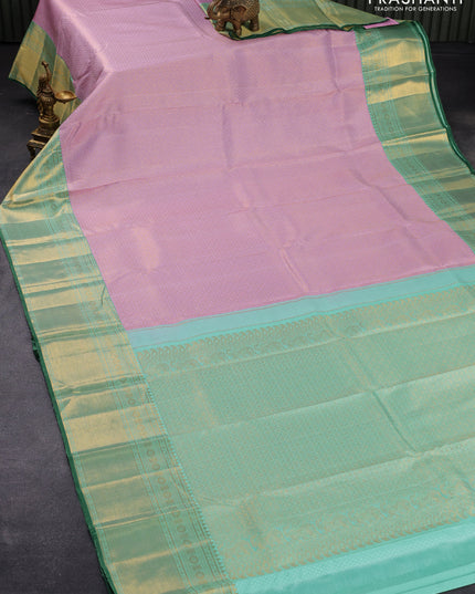 Pure kanjivaram silk saree lotus pink and teal blue with allover zari weaves and rich zari woven border