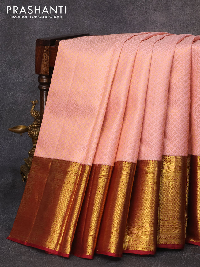 Pure kanjivaram silk saree mild peach orange and maroon with allover zari woven brocade weaves and long rich zari woven border