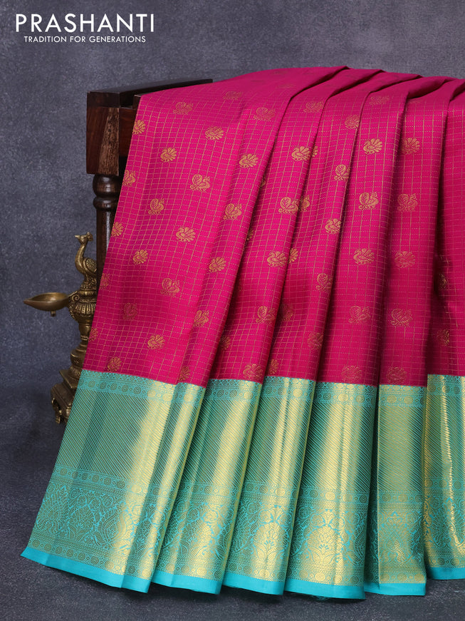 Pure kanjivaram silk saree dark pink and teal green shade with allover zari checks & butta weaves and long zari woven border
