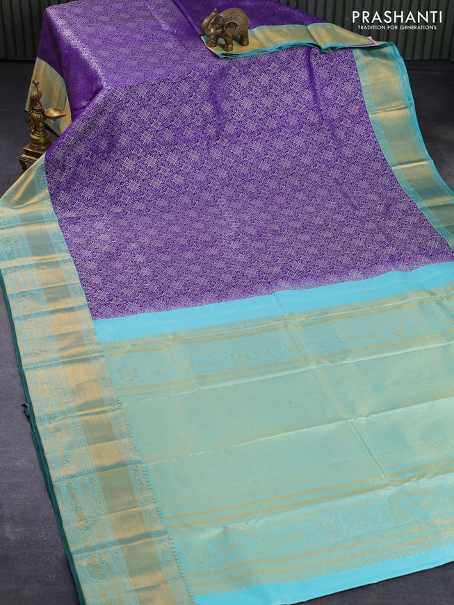 Pure kanjivaram silk saree royal blue and teal blue shade with allover silver zari woven brocade weaves and rich zari woven border