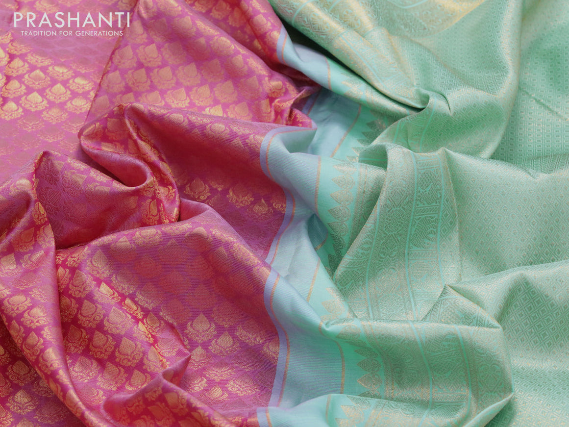 Pure kanjivaram silk saree pink and teal blue with allover zari woven brocade weaves and long rich zari woven border