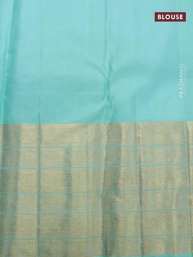 Pure kanjivaram silk saree pink and teal blue with allover zari woven brocade weaves and long rich zari woven border