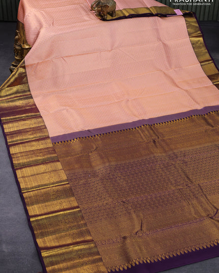Pure kanjivaram silk saree mild peach and deep jamun shade with allover zari woven brocade weaves and long rich zari woven border