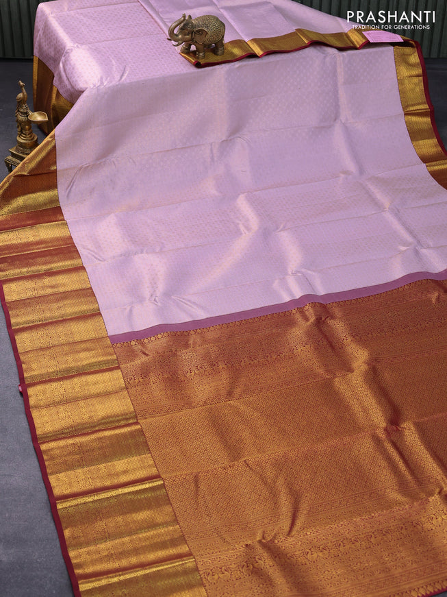Pure kanjivaram silk saree mild lavender and maroon with allover zari woven brocade weaves and long rich zari woven border