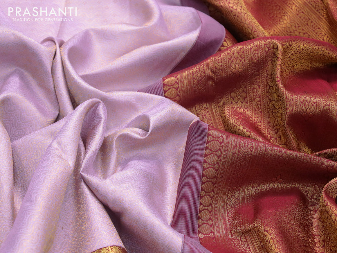 Pure kanjivaram silk saree mild lavender and maroon with allover zari woven brocade weaves and long rich zari woven border
