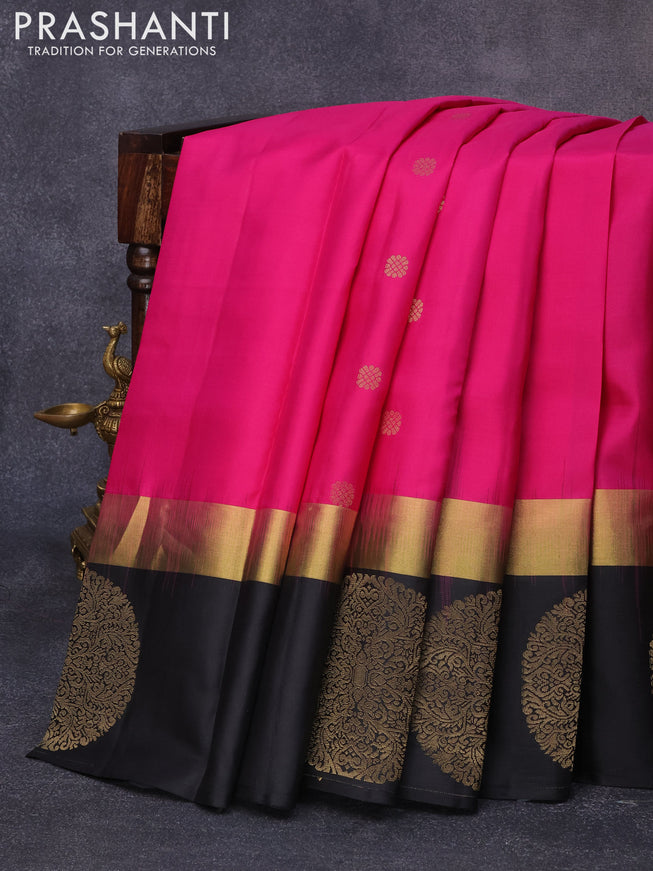 Pure kanjivaram silk saree pink and black with zari woven buttas and long zari woven butta border