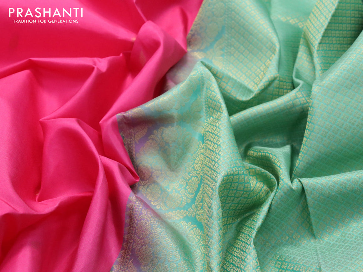 Pure kanjivaram silk saree pink and teal green with zari woven buttas and zari woven butta border