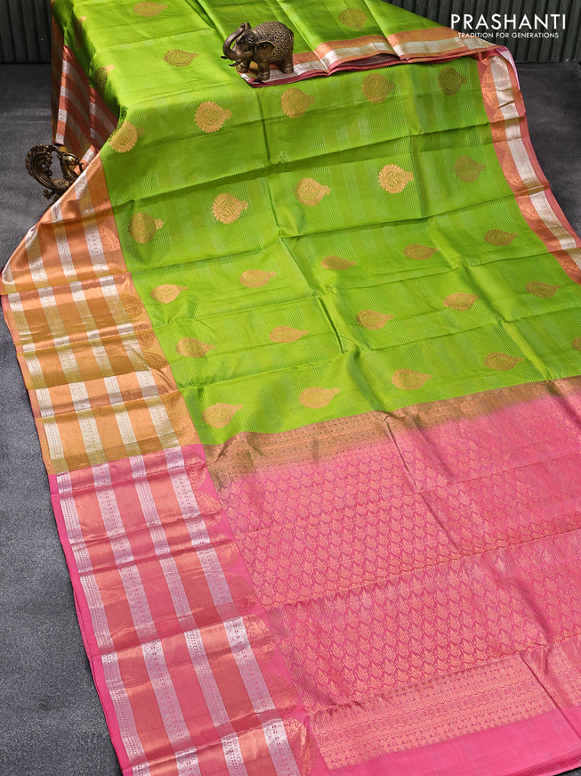 Pure kanjivaram silk saree light green and dual shade of pink with allover silver & copper zari woven stripe & buttas and long rich zari woven border