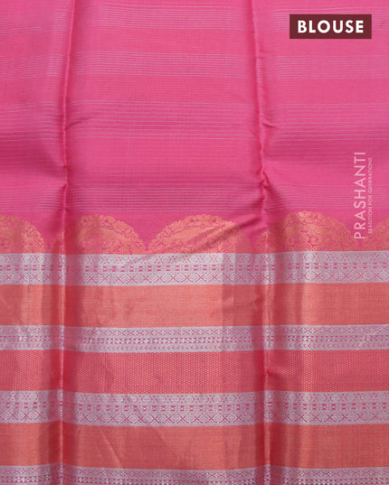 Pure kanjivaram silk saree light green and dual shade of pink with allover silver & copper zari woven stripe & buttas and long rich zari woven border