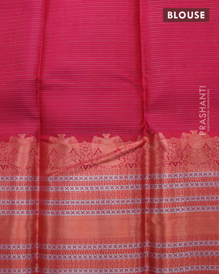 Pure kanjivaram silk saree green and pink with allover silver & copper zari woven stripe & buttas and long rich zari woven border