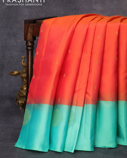 Pure kanjivaram silk saree dual shade of orange and dual shade of teal green with zari woven buttas and zari woven butta border
