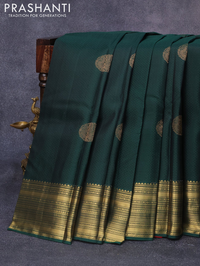 Pure kanjivaram silk saree bottle green and red with allover self emboss & zari buttas and rich zari woven border