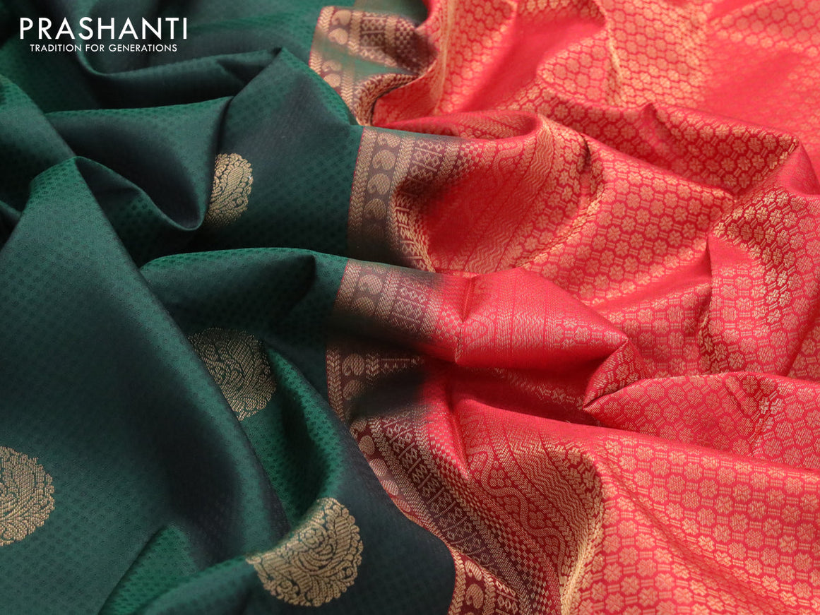 Pure kanjivaram silk saree bottle green and red with allover self emboss & zari buttas and rich zari woven border