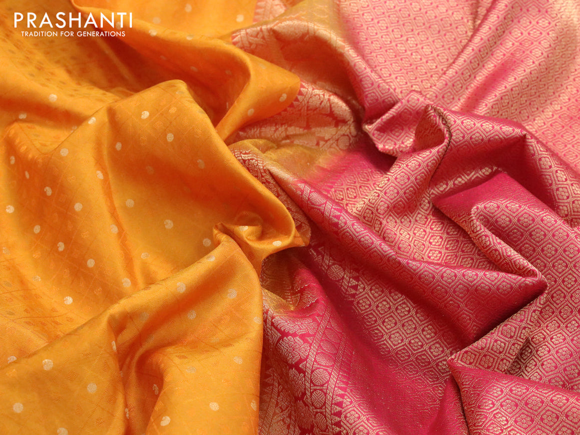 Pure kanjivaram silk saree mustard yellow and pink with allover self emboss & zari buttas and rich zari woven border