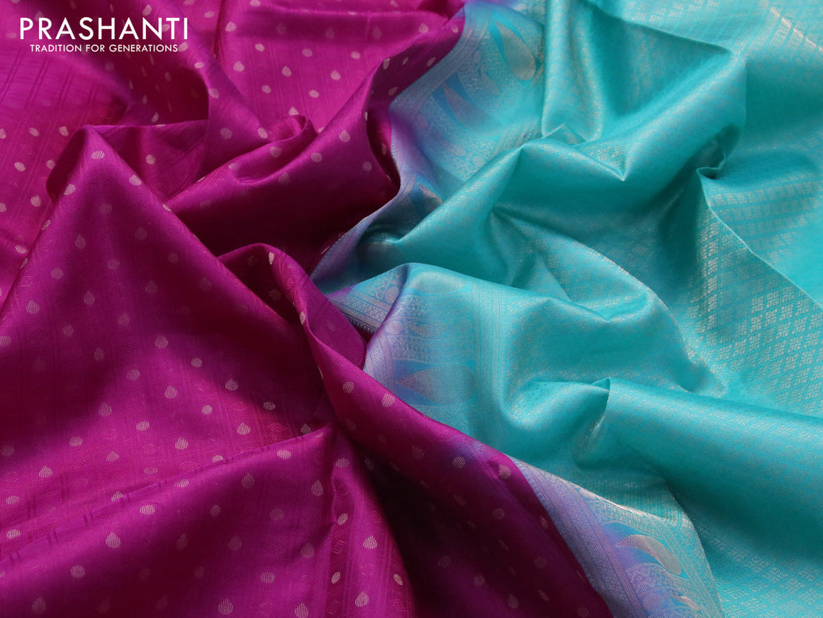 Pure kanjivaram silk saree purple and teal blue with allover self emboss & zari buttas and copper zari woven border