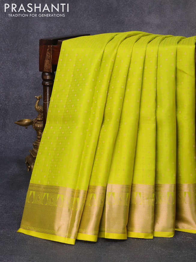 Pure kanjivaram silk saree lime green and lavender with allover self emboss & zari buttas and copper zari woven border