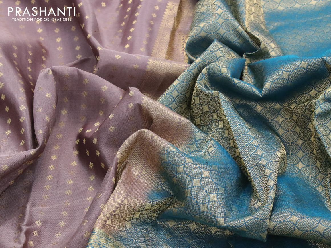 Pure kanjivaram silk saree pastel brown and peacock blue with allover zari woven 1000 buttas and long zari woven border