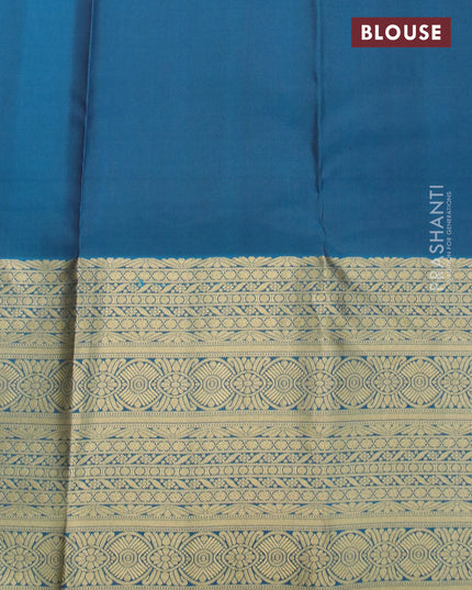 Pure kanjivaram silk saree pastel brown and peacock blue with allover zari woven 1000 buttas and long zari woven border